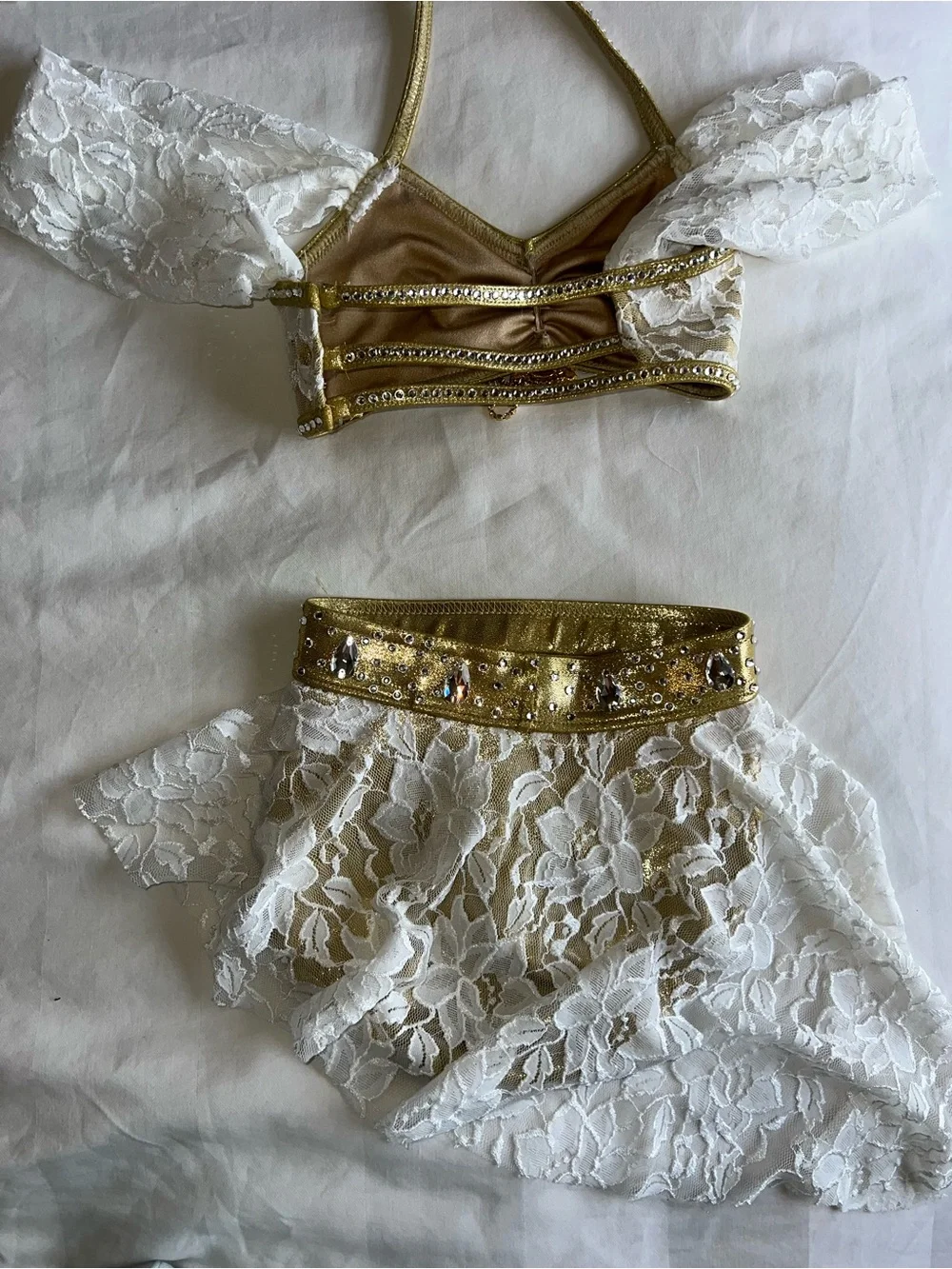 Gold and White Lace Girls' Dance Costume Set with Jewel Accents